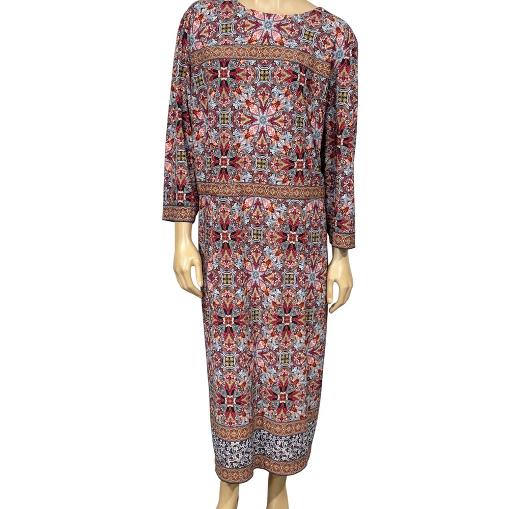 Adorne Woman Plus Size 24W Red Blue Mandala Print Long Sleeve Maxi Dress Boho